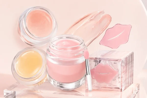 Aesthetic display of lip balms and gloss Assorted jars of lip balm and gloss with a brush on a light pink background, showcasing different colors and textures.