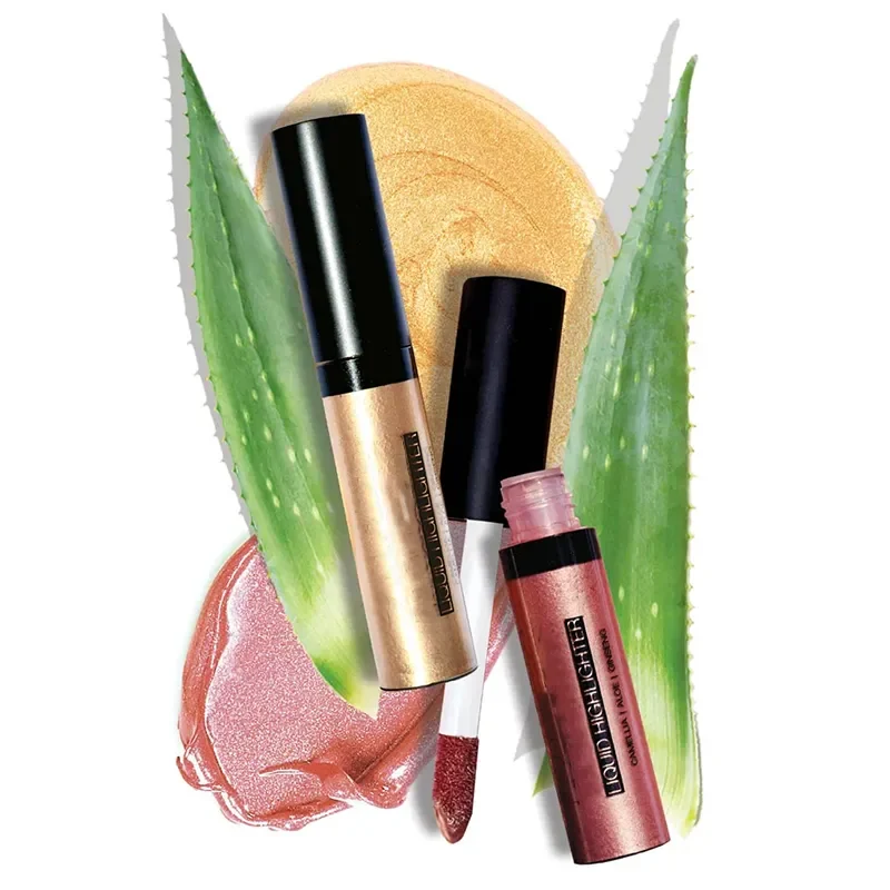 Assorted liquid highlighter makeup with aloe leaves and swatches.
