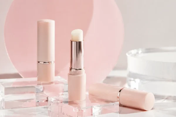 Luxury lip balm in minimalist display Elegant lip balm with soft pink packaging on clear acrylic stands, set against a pastel pink background.
