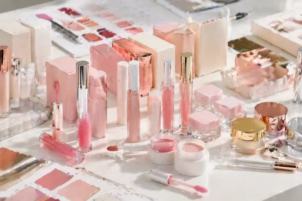 Luxury pink cosmetics on displaycrèmes Assortment of luxury pink cosmetics and skincare products displayed on a table, featuring lip glosses, creams, and makeup samples.