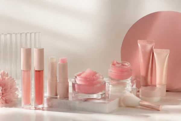 Elegant pink cosmetic products arrangementbaumes à lèvres A stylish arrangement of pink-toned cosmetic products including lip glosses, lip balms, jars of scrub and cream, and face tubes on a marble surface with soft lighting.
